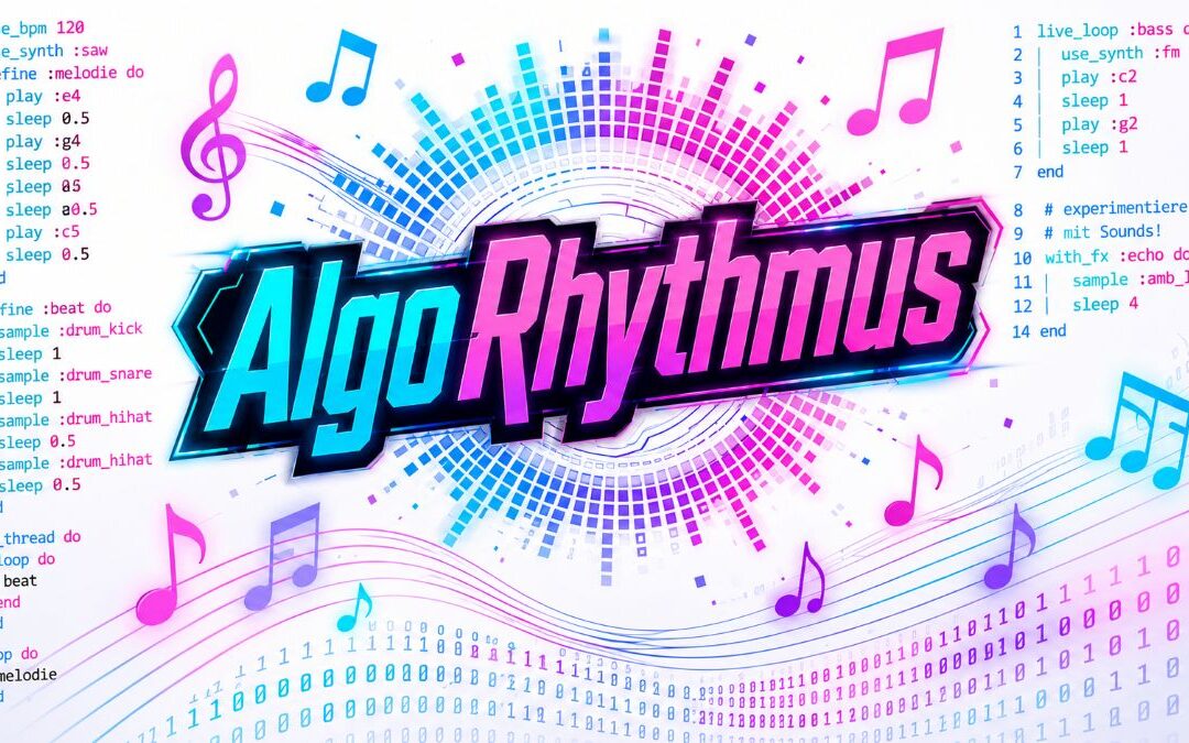 AlgoRhythmus-Schriftzug vor Noten, Programmcode und grafischen Klangwellen