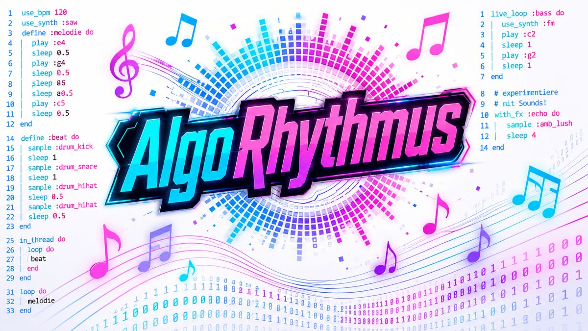 AlgoRhythmus-Schriftzug vor Noten, Programmcode und grafischen Klangwellen