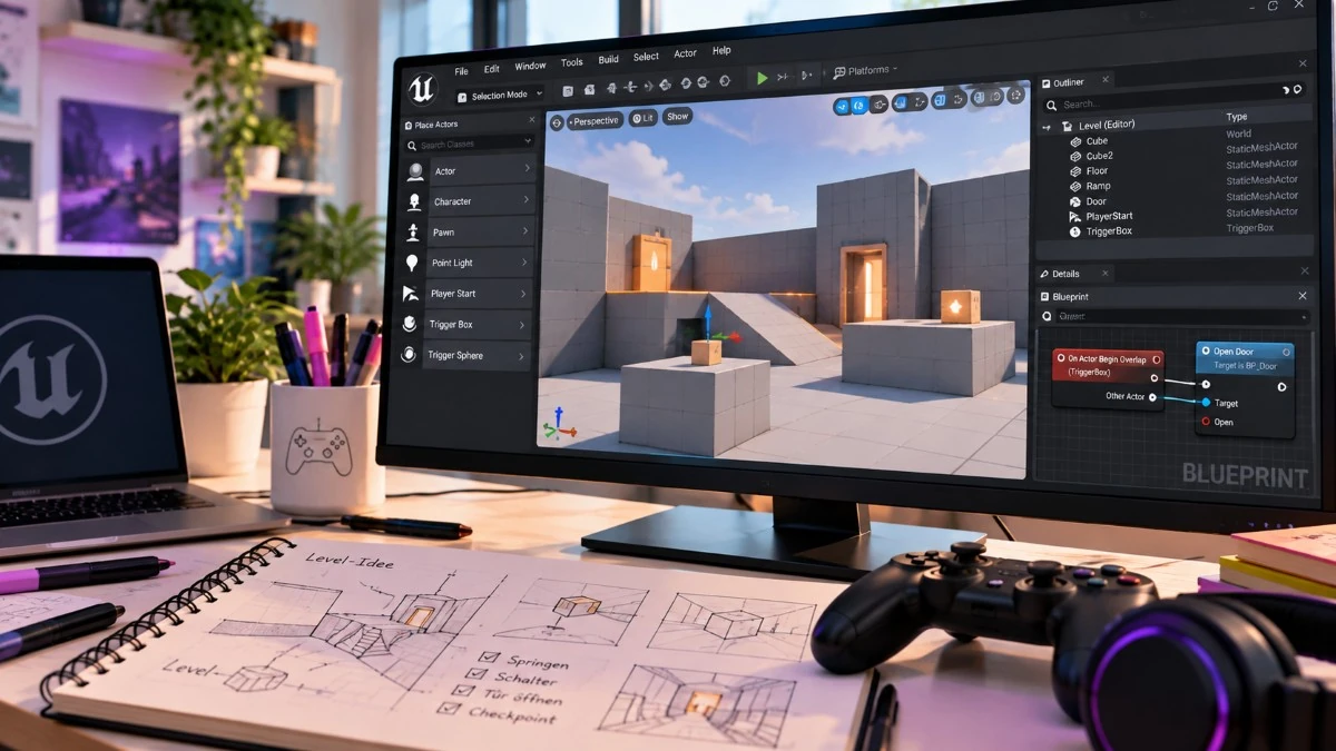 Arbeitsplatz für die Spieleentwicklung mit Unreal Engine, Controller und gezeichnetem Level-Entwurf
