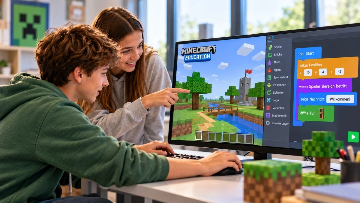 Zwei Jugendliche arbeiten gemeinsam mit Minecraft Education und programmieren Ereignisse in einer Minecraft-Welt.